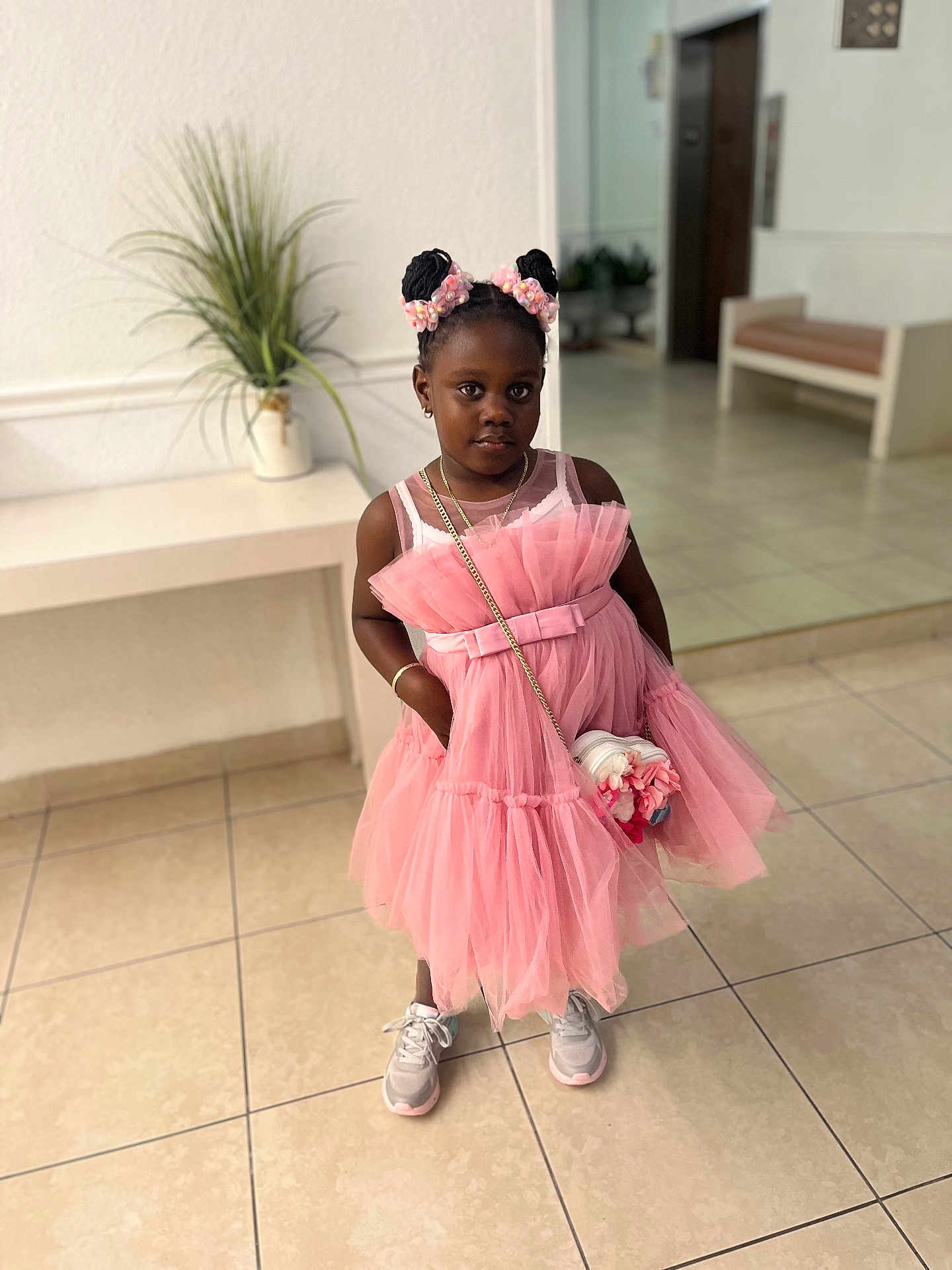 Azalea joined the competition — help win amazing prizes! bench, child, clothing, dress, face, female, footwear, furniture, girl, hair, head, person, photography, plant, portrait, shoe, sitting, sleeve, standing, student