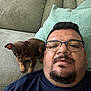 Rex joined the competition — help win amazing prizes! man, puppy, dog, glasses, couch, pillow, indoors, relaxing, casual, beard, closeup, brown_dog, pet, companion, resting, comfort, portrait, home, seated, furniture