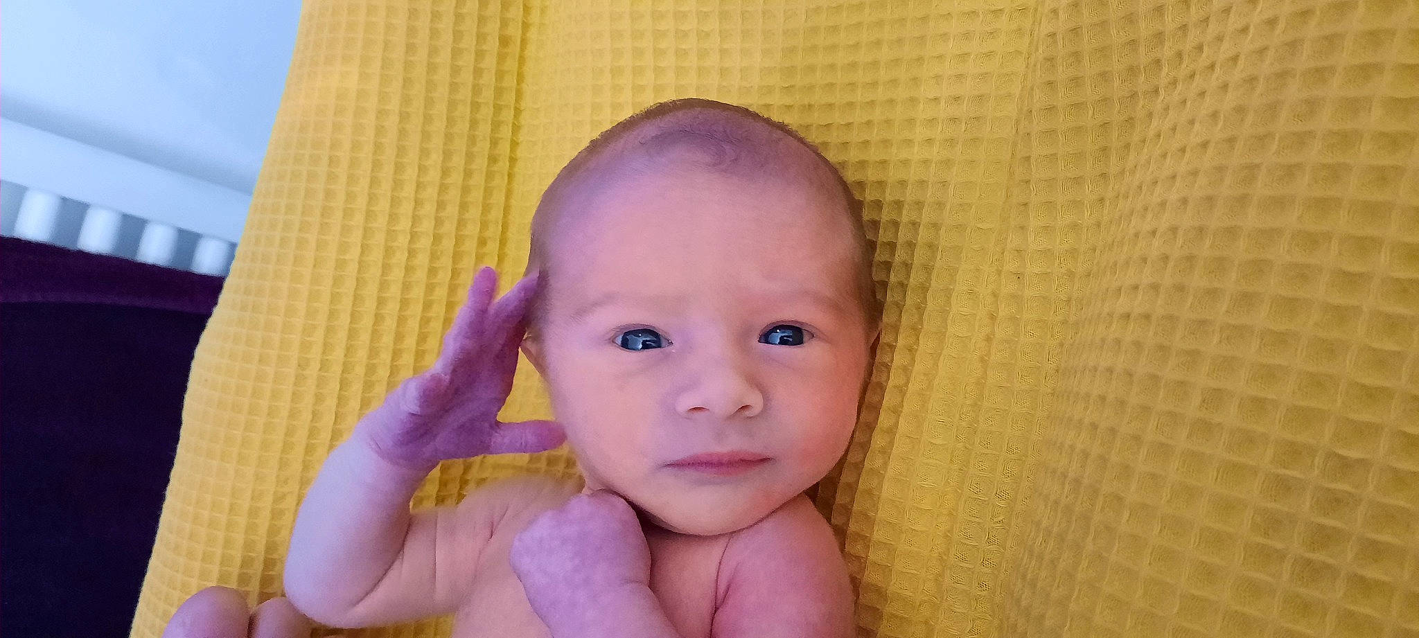 Gaspard participe au concours pour gagner de l'argent avec cette photo : baby, baby_toddler_clothing, cheek, chest, child, eyelash, finger, gesture, hand, happy, lip, magenta, nail, nose, person, purple, skin, thumb, toddler, violet