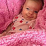 baby, blanket, pink, smiling, face, infant, cute, cozy, clothing, fluffy, portrait, child, soft, happy, indoor, person, newborn, cute_outfit, fabric, resting