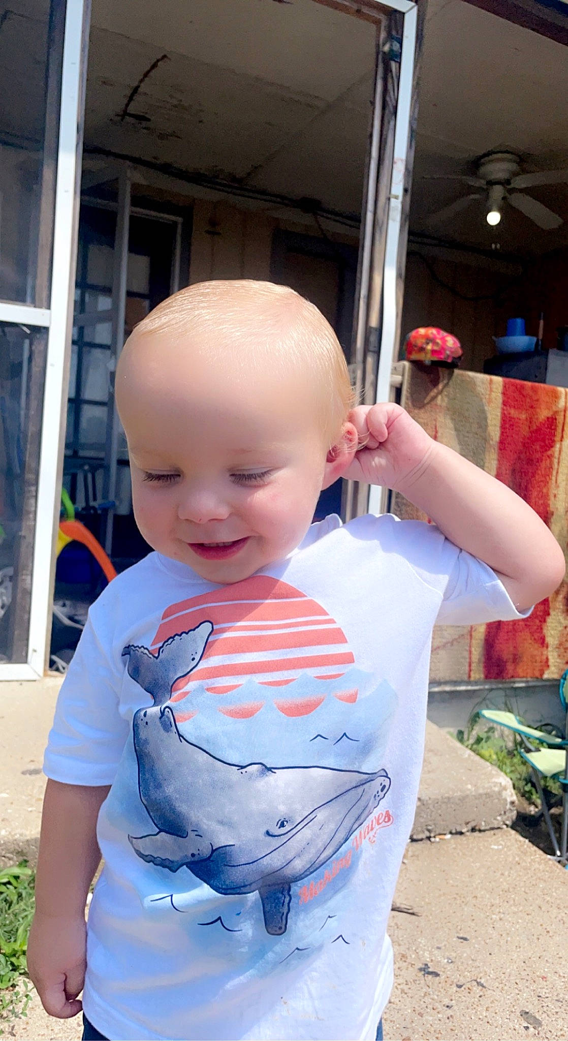 Josiah joined the competition — help win amazing prizes! baby, baby_toddler_clothing, child, cool, electric_blue, fun, gesture, happy, leisure, pattern, person, plant, play, sleeve, smile, standing, t_shirt, thumb, toddler, vacation