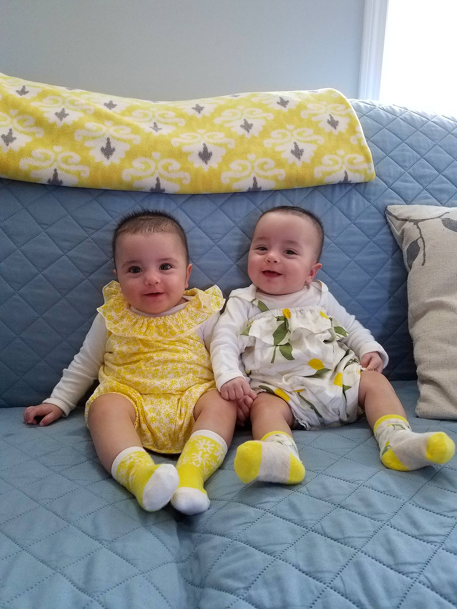 Maggie Macy joined the competition — help win amazing prizes! baby, child, family, person, play, room, sibling, sitting, smile, toddler, yellow