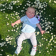 Daisy-Mae joined the competition — help win amazing prizes! baby, grass, daisies, flowers, pacifier, bib, sneakers, greenery, outdoor, infant, child, nature, sunlight, cute, lying_down, white_clothing, casual_wear, small_toys, happy, spring