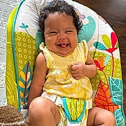 Avery is registered to the contest to win money with this photo: baby, baby_seat, bright_colors, child, colorful, comfort, curly_hair, cute, floor, happy, indoor, infant, joyful, patterned, playful, seatbelt, skin, smiling, toddler, yellow_dress