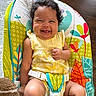 Avery joined the competition — help win amazing prizes! baby, baby_seat, cheerful, child, colorful, curly_hair, cute, floor, happy, indoor, infant, patterned, person, playful, seatbelt, sitting, skin, smiling, toddler, yellow_dress