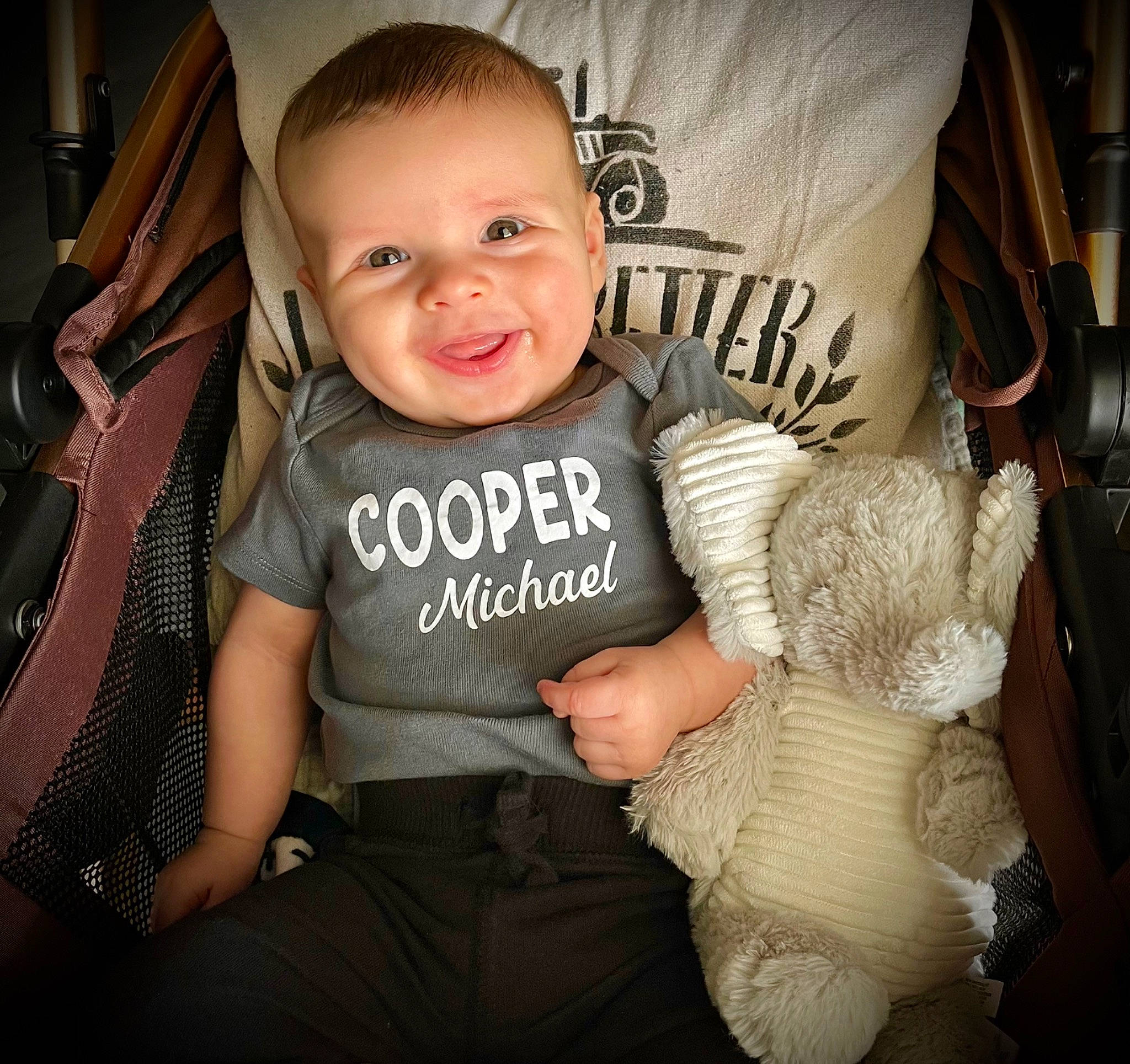 Cooper joined the competition — help win amazing prizes! arm, baby, baby_toddler_clothing, cheek, comfort, cool, finger, gesture, hairstyle, happy, human, joy, mammal, person, product, skin, sleeve, smile, t_shirt, toddler