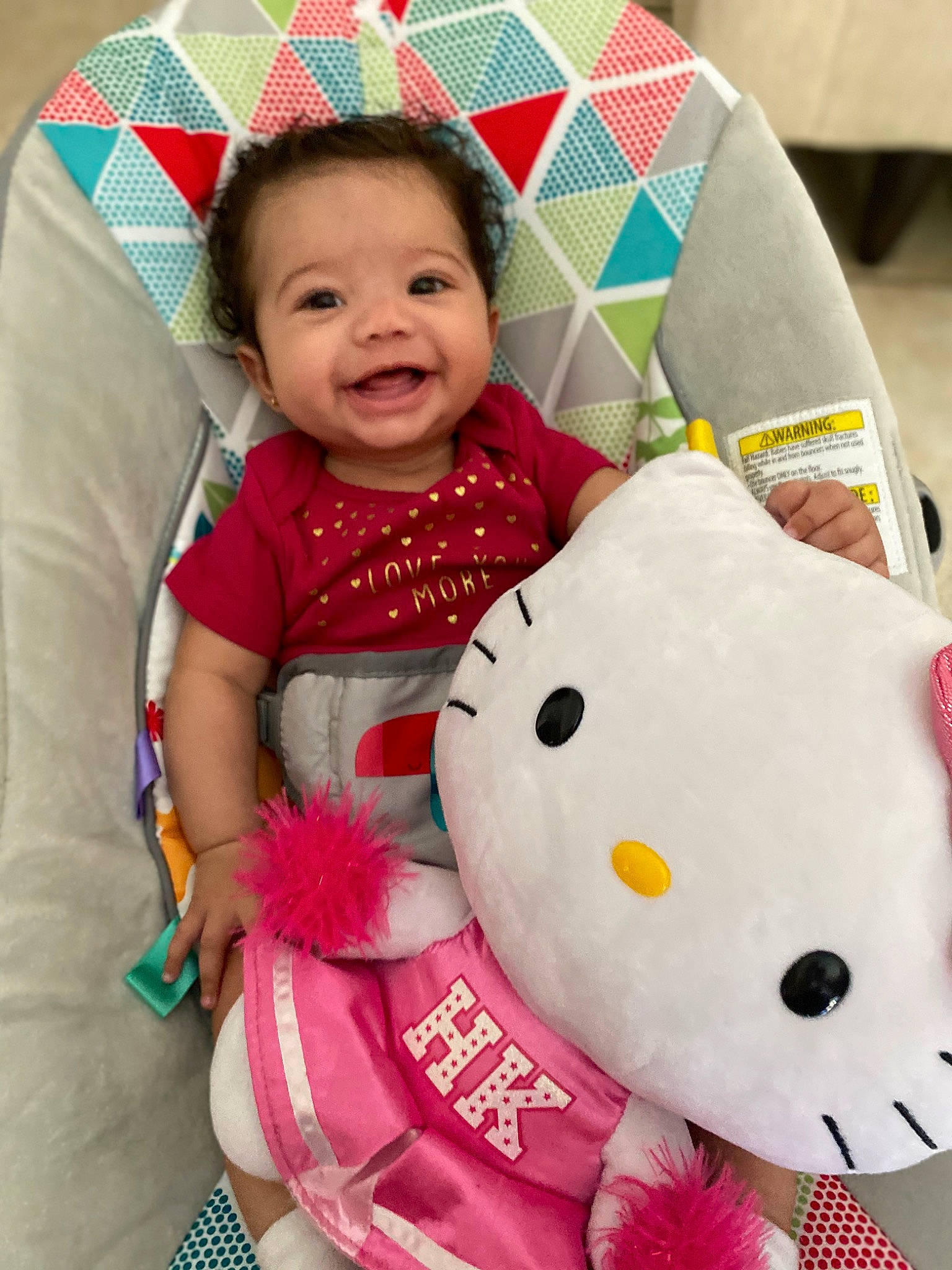 Khalia is registered to the contest to win money with this photo: baby, cheek, child, face, happy, head, person, pink, plush, skin, smile, stuffed_toy, textile, toddler, toy