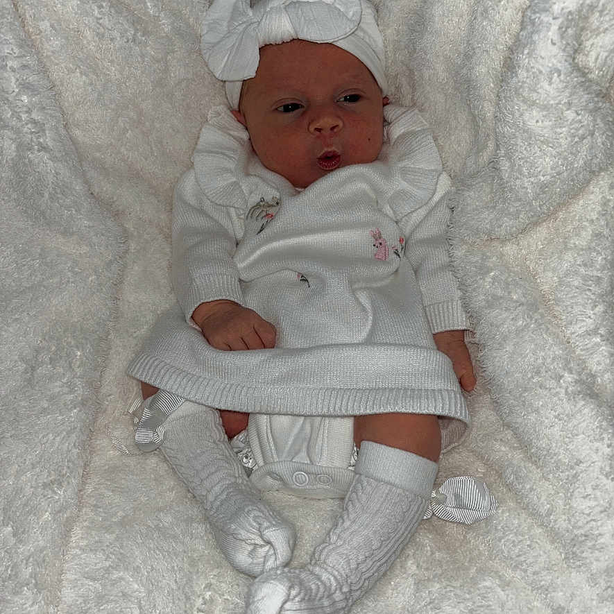 Isabella joined the competition — help win amazing prizes! baby, bed, blanket, bodypart, bonnet, cap, clothing, face, finger, furniture, glove, hand, hat, head, hosiery, newborn, person, photography, portrait, sock