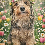 Bailey joined the competition — help win amazing prizes! dog, flower_crown, flowers, daisies, tulips, grass, outdoor, pet, cute, portrait, nature, spring, animal, fur, sitting, adorable, colorful, garden, background, closeup