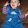 toddler, child, denim_overalls, dinosaur_patch, striped_shirt, cap, blue_cap, couch, brown_couch, indoor, sitting, curious, playful, footwear, socks, shoe, hand, face, person, young_child