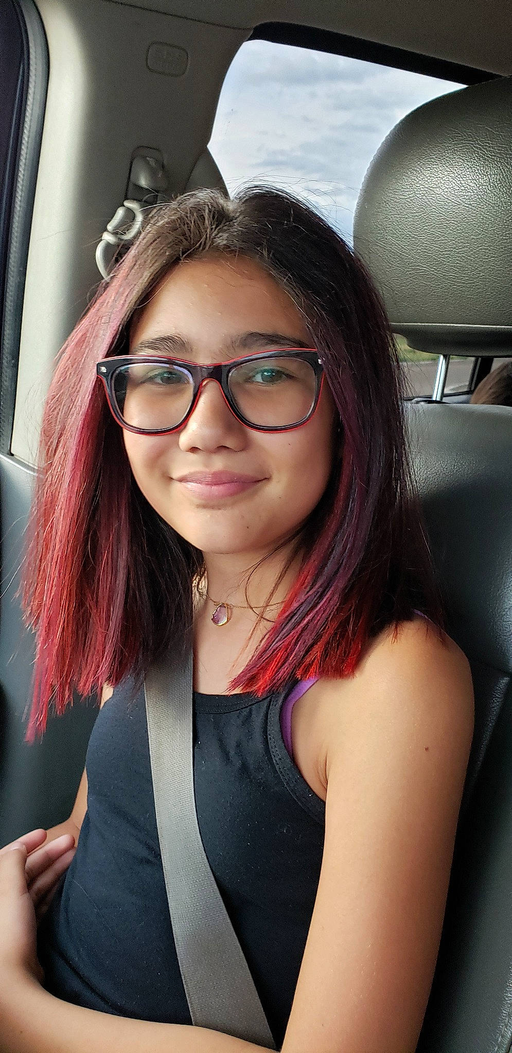 Kaitlyn is registered to the contest to win money with this photo: beauty, black_hair, brown_hair, chin, cool, eyebrow, eyewear, face, glasses, hair, hair_coloring, hairstyle, joy, lip, long_hair, person, photography, red_hair, selfie, smile