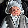 Emilio a rejoint le concours — aidez-le/la à gagner de superbes lots ! baby, infant, child, car_seat, hat, clothing, white, cute, ears, face, portrait, warm, cozy, button, soft, expression, person, newborn, seatbelt, closeup