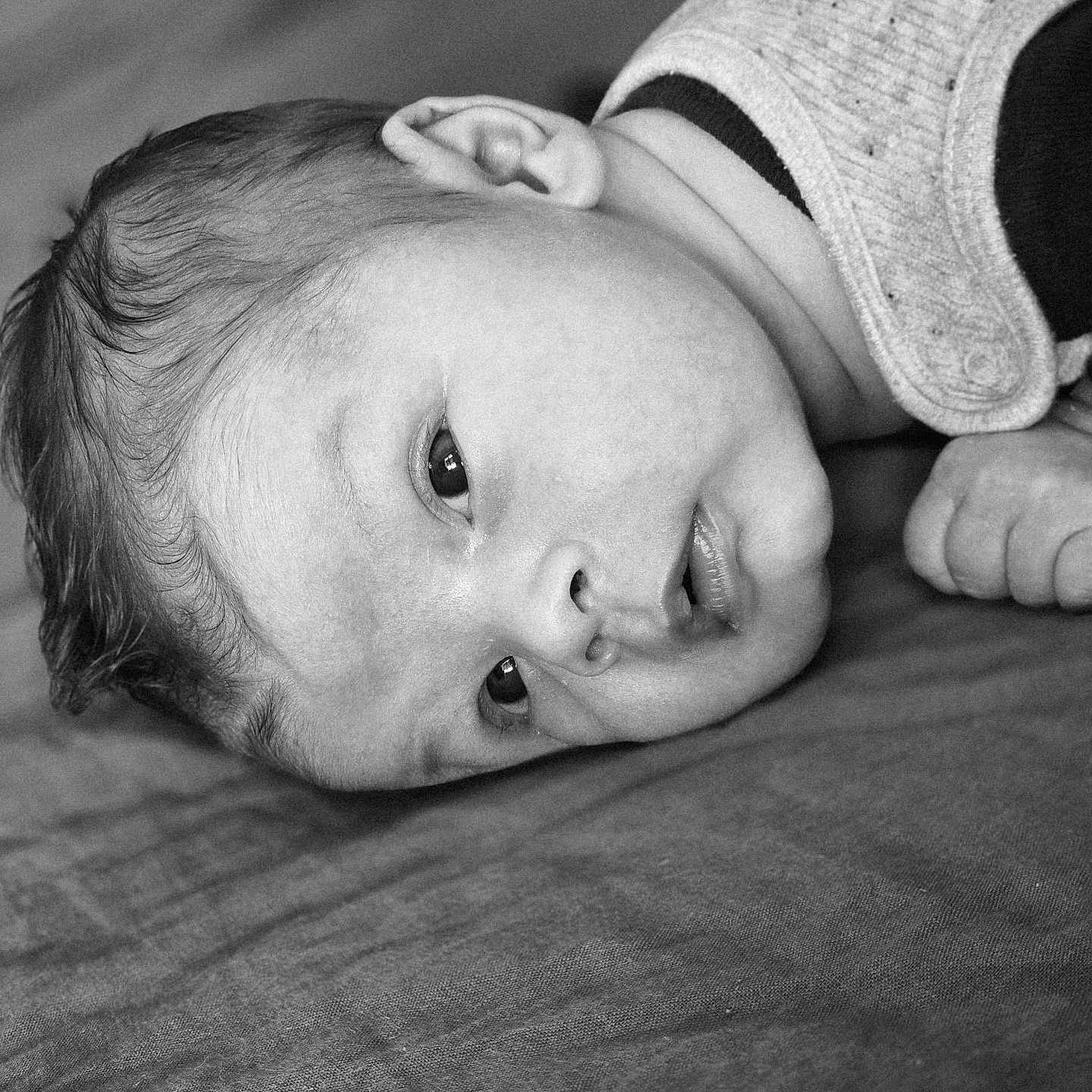 Emilio a rejoint le concours — aidez-le/la à gagner de superbes lots ! baby, infant, face, head, eyes, skin, clothing, blanket, portrait, closeup, newborn, laying_down, monochrome, black_and_white, soft_texture, peaceful, child, young, cute, resting