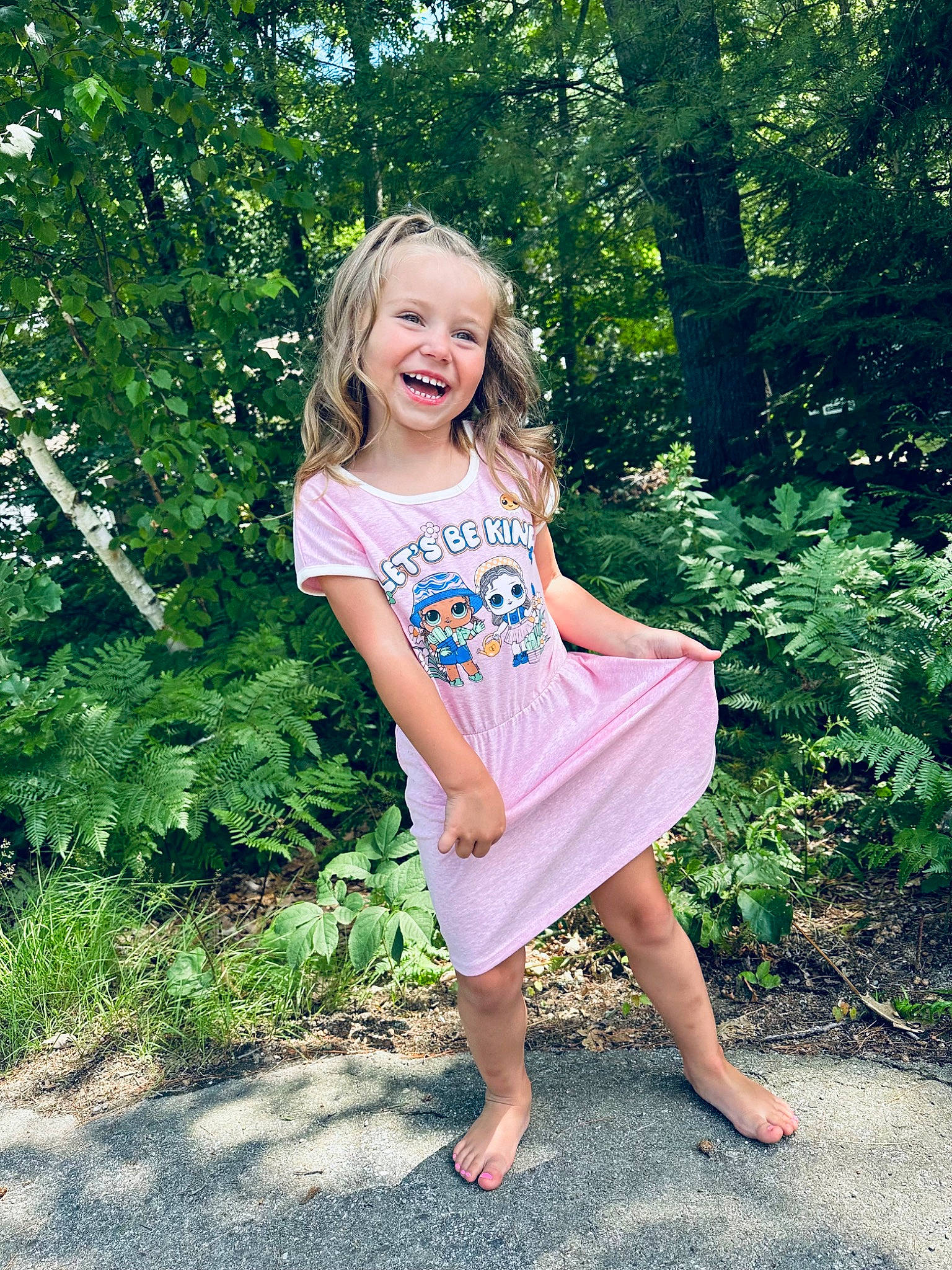 Brynnleigh is registered to the contest to win money with this photo: barefoot, blond, day_dress, dress, fun, grass, happy, human_leg, joy, leisure, long_hair, magenta, one_piece_garment, people_in_nature, person, pink, plant, shoulder, smile, thigh