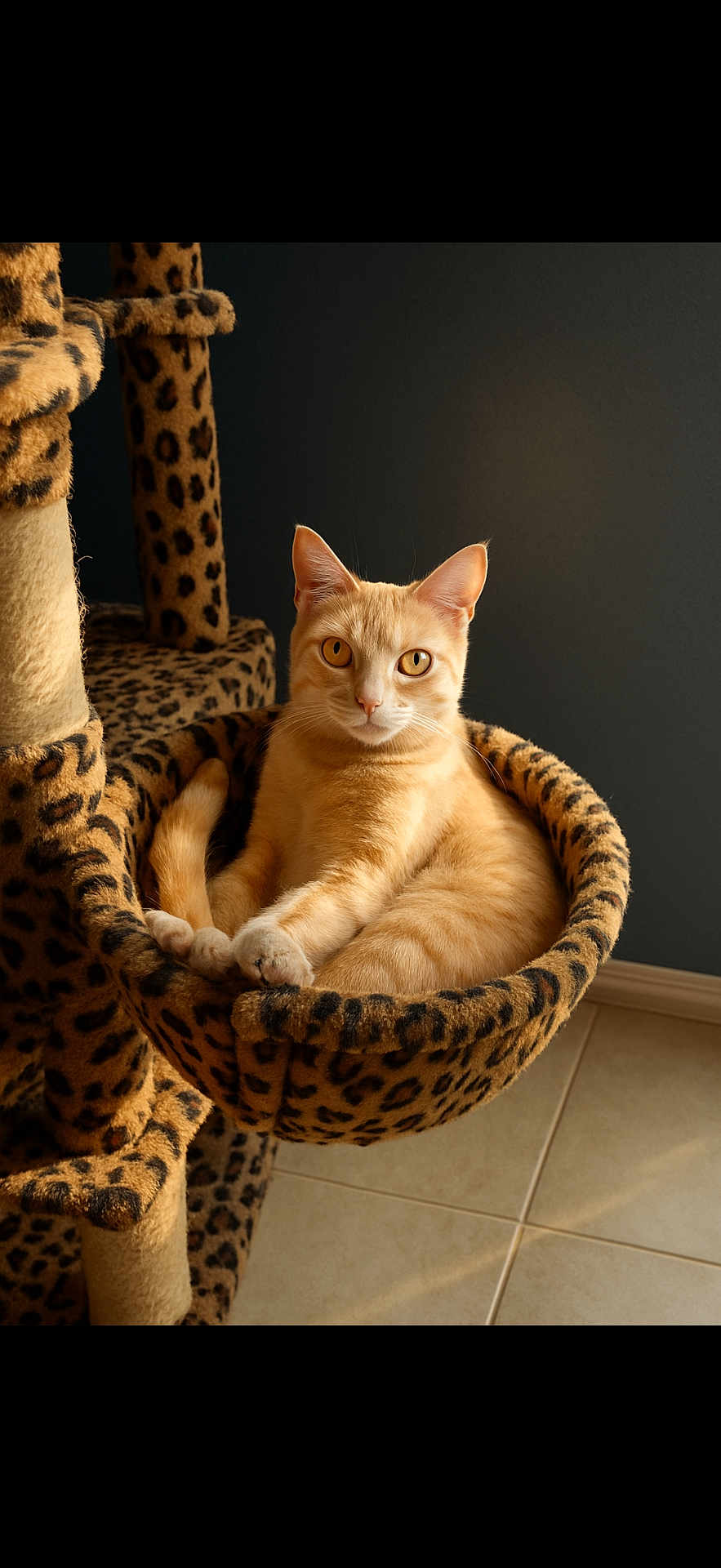 Rusty joined the competition — help win amazing prizes! cat, orange_cat, tabby, leopard_print, cat_tree, hammock, pet, indoor, relaxed, feline, fur, animal, looking_at_camera, sunlight, tile_floor, wall, cute, resting, cozy, domestic_animal