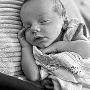 Atlas joined the competition — help win amazing prizes! baby, newborn, sleeping, blanket, cushion, closeup, black_and_white, peaceful, infant, soft_texture, resting, wrapped, portrait, face, hand, cozy, quiet, toddler, indoors, child
