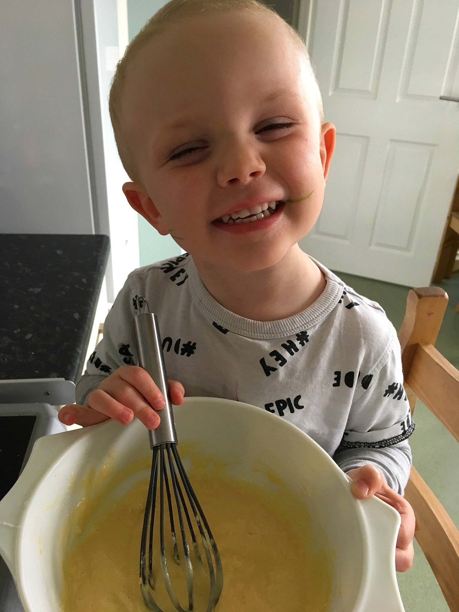 Alfie Bryan Ford joined the competition — help win amazing prizes! bowl, child, cuisine, cutlery, food, joy, kitchen_utensil, person, play, spoon, tableware, toddler, whisk