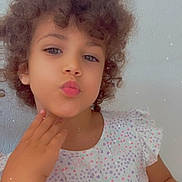Aaliyah participe au concours pour gagner de l'argent avec cette photo : child, curly_hair, face, portrait, expression, hand, shirt, polka_dots, pastel_colors, wall, indoor, skin, young, cute, pout, playful, light, casual_clothing, person, sparkle_effect