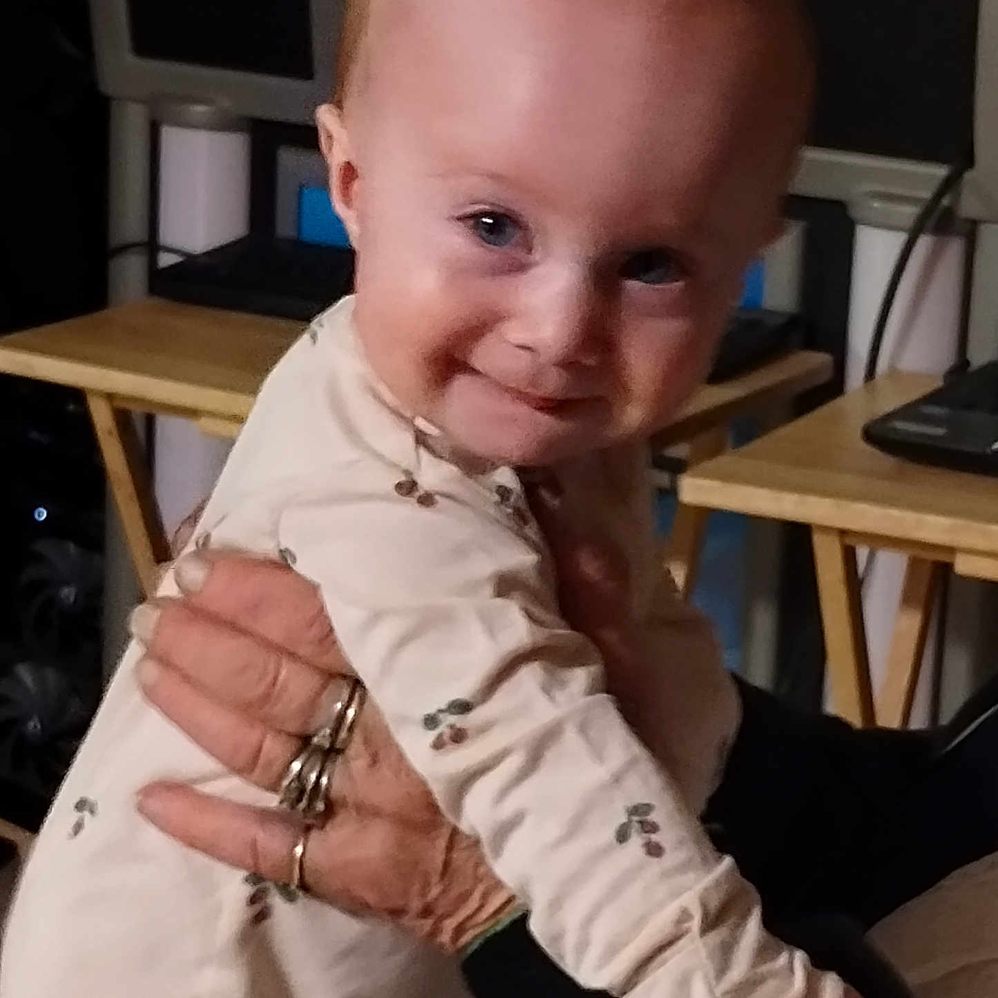 Journey joined the competition — help win amazing prizes! adult, baby, child, clothing, computer, cozy, cute, expression, face, furniture, hand, holding, indoor, long_sleeve, monitor, person, rings, skin, smile, table