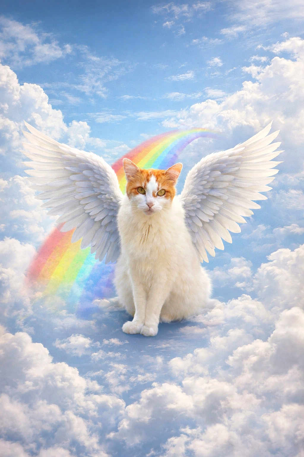 Ralphie joined the competition — help win amazing prizes! angel, cat, clouds, cloudscape, cute, fantasy, feline, heavenly, majestic, orange_fur, paws, pet, portrait, rainbow, sitting, sky, surreal, whiskers, white_fur, wings