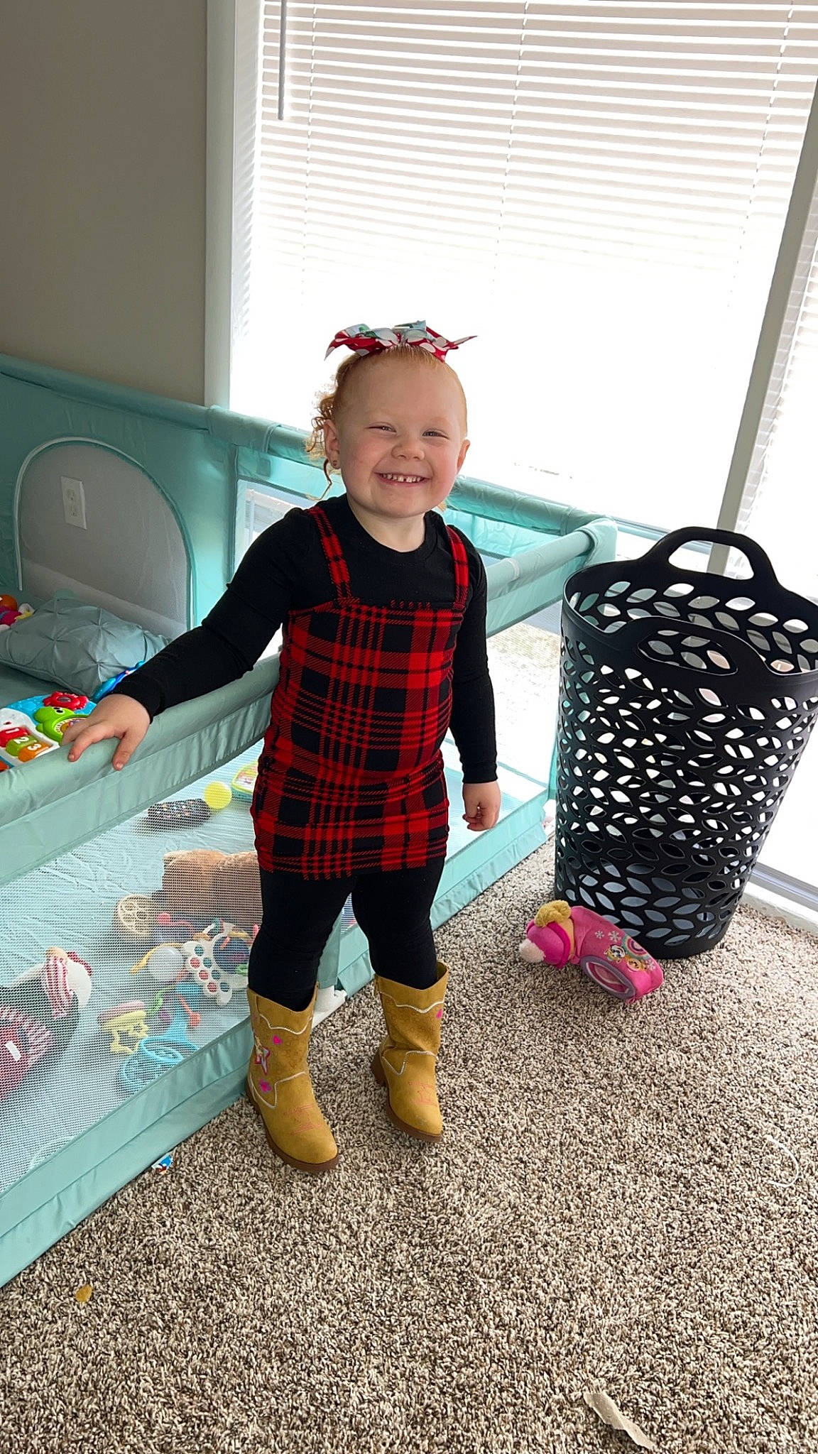 Addilynn joined the competition — help win amazing prizes! baby, baby_products, baby_toddler_clothing, boot, child, fun, happy, joy, leisure, magenta, pattern, person, plaid, sitting, sleeve, smile, sneakers, sock, standing, tartan