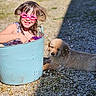Bowie participe au concours pour gagner de l'argent avec cette photo : blue_bucket, child, cute, fun, golden_retriever, gravel, happy, nature, outdoor, pet, pink_goggles, playful, puppy, shadow, smiling, splash, summer, sunlight, water, wet_hair