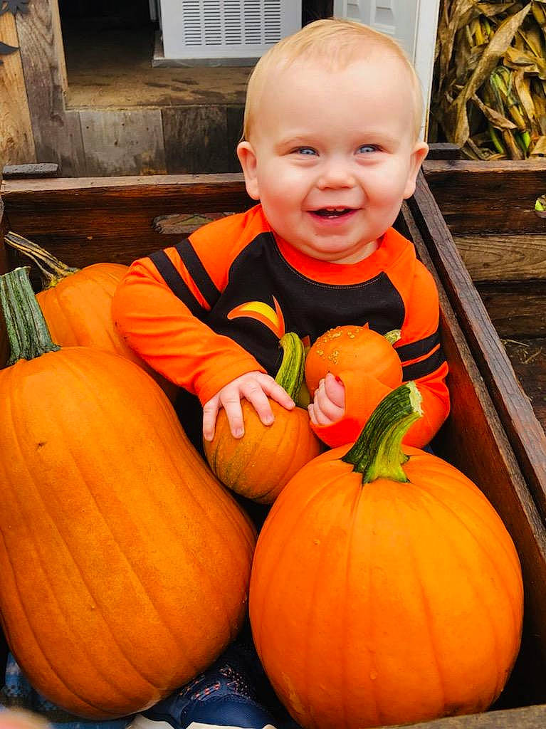 Axton is registered to the contest to win money with this photo: calabaza, cucurbita, eye, face, facial_expression, gourd, green, happy, head, iris, joy, natural_foods, orange, person, plant, pumpkin, smile, squash, toddler, whole_food