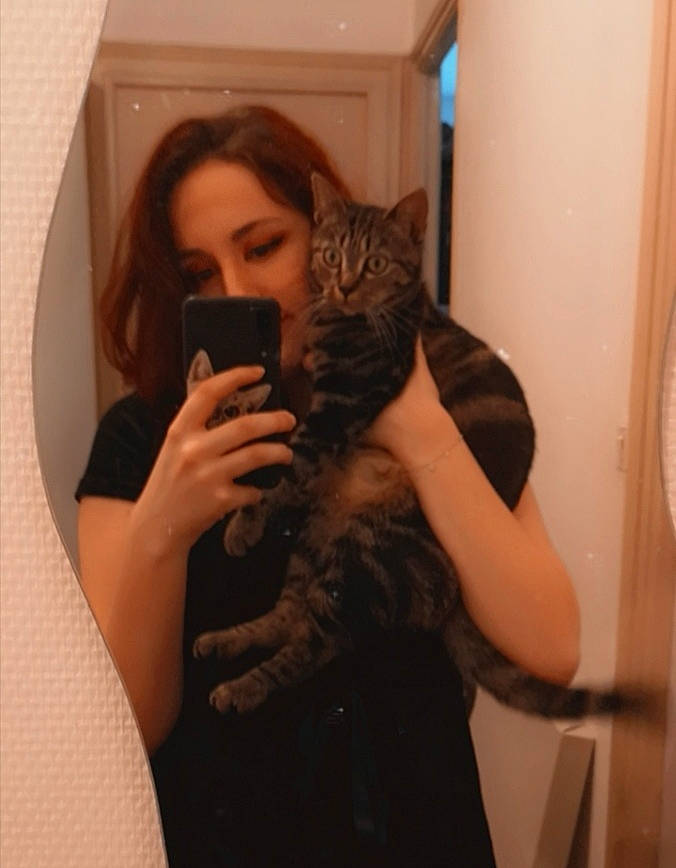 Pin Up participe au concours pour gagner de l'argent avec cette photo : black_hair, brown_hair, cat, dress, fawn, felidae, fur, hair, long_hair, mirror, photography, room, selfie