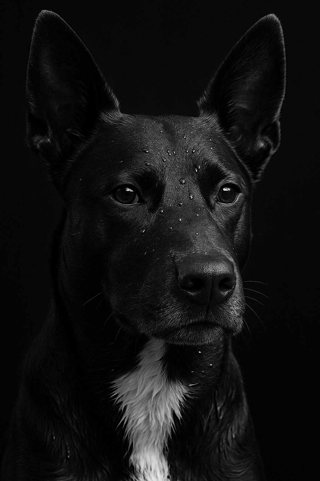 Bagheera participe au concours pour gagner de l'argent avec cette photo : dog, black_dog, white_chest, portrait, wet_fur, water_droplets, ears_up, alert, close_up, animal, pet, canine, studio_lighting, black_background, fur_texture, expressive_eyes, serious_expression, muzzle, whiskers, snout