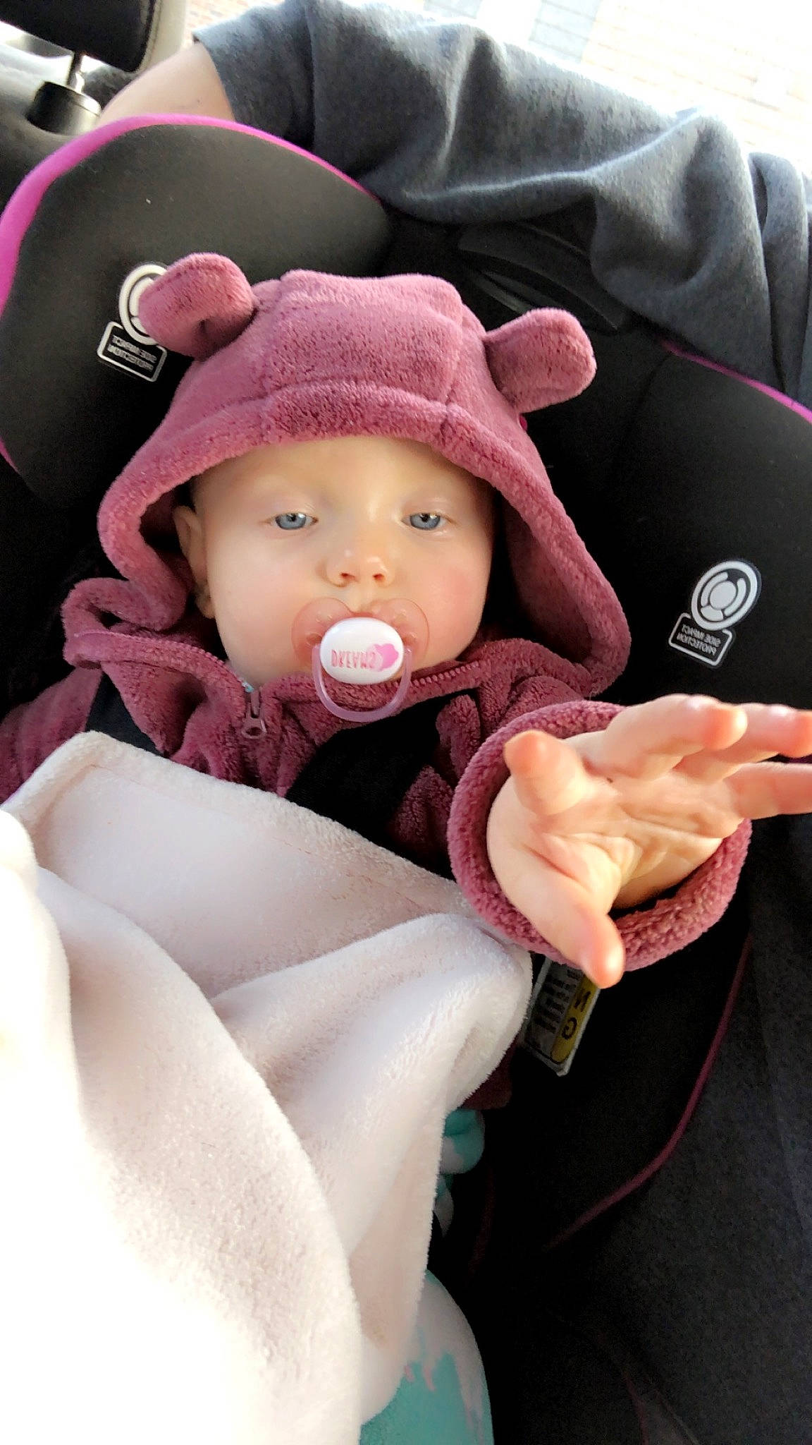 Kinsleigh joined the competition — help win amazing prizes! baby, baby_carriage, baby_in_car_seat, baby_products, baby_toddler_clothing, cap, car_seat, carmine, cheek, child, comfort, fashion_accessory, gesture, headwear, knit_cap, outerwear, person, pink, product, sitting