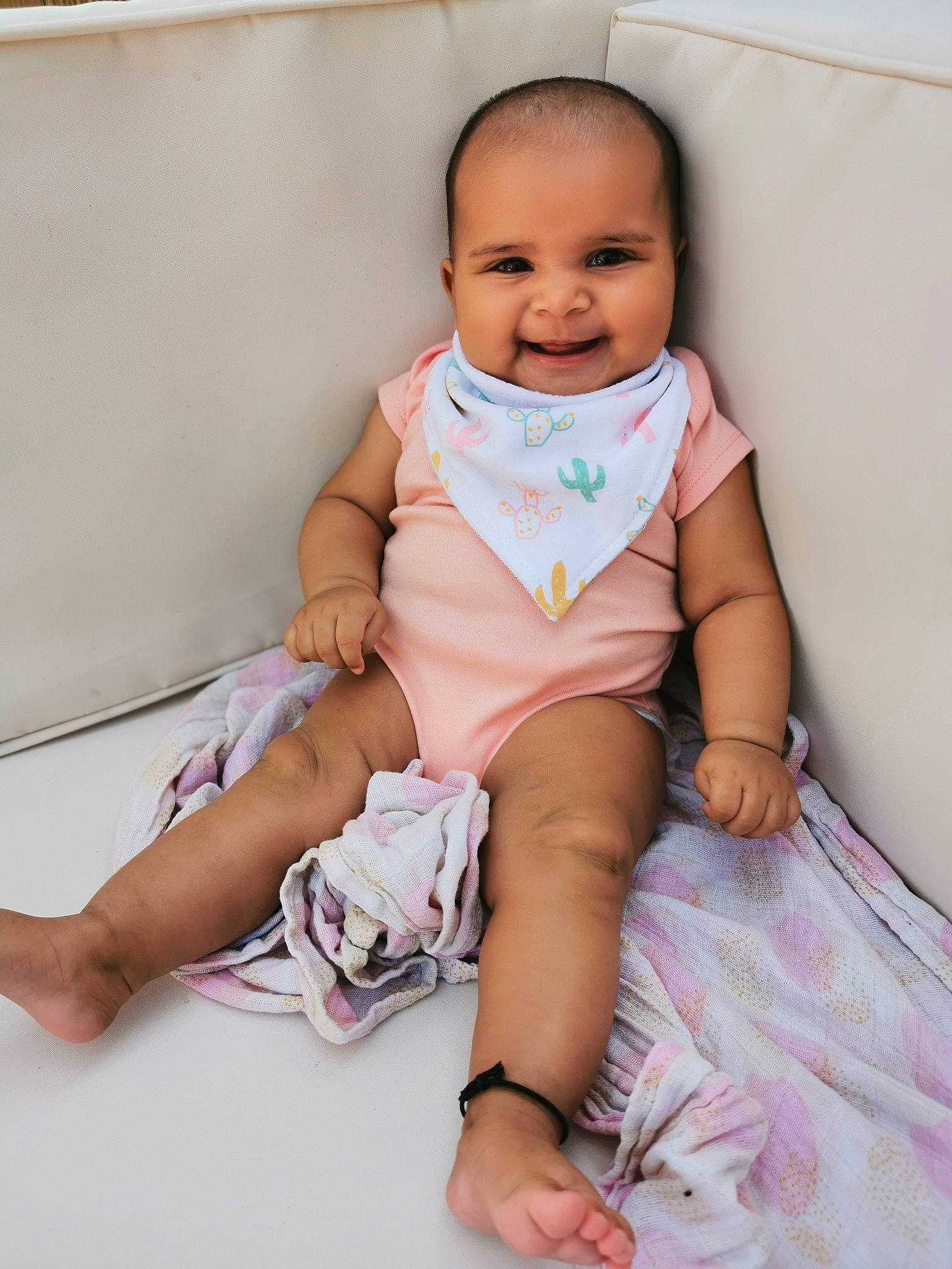 Sienna joined the competition — help win amazing prizes! baby, baby_toddler_clothing, cheek, comfort, eye, face, hairstyle, joy, knee, mouth, neck, person, pink, purple, shoulder, skin, sleeve, smile, stomach, textile