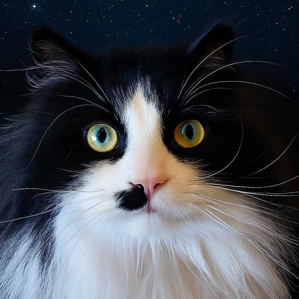T'Shadow a rejoint le concours — aidez-le/la à gagner de superbes lots ! animal, black_and_white, cat, close_up, cute, face, feline, fluffy, fur, long_hair, mystical, nature, night_sky, outdoor, pet, portrait, serene, stars, whiskers, yellow_eyes