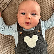 Paul participe au concours pour gagner de l'argent avec cette photo : baby, infant, face, eyes, clothing, overalls, mouse_shape, blanket, texture, cute, curious, lying_down, child, portrait, button, soft, indoors, skin, head, expression