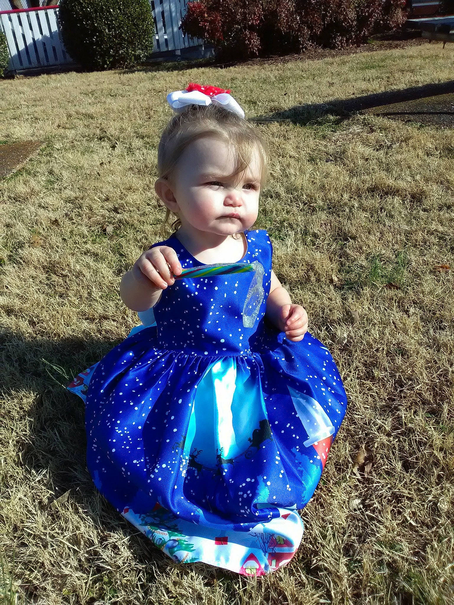 Huntley is registered to the contest to win money with this photo: child, clothing, cobalt_blue, costume, dress, electric_blue, grass, person, play, toddler