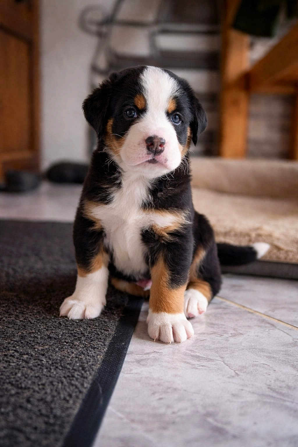 Baloo a rejoint le concours — aidez-le/la à gagner de superbes lots ! puppy, dog, indoor, floor, pet, cute, animal, young, fur, black, white, brown, sitting, curious, paw, closeup, portrait, home, cozy, adorable
