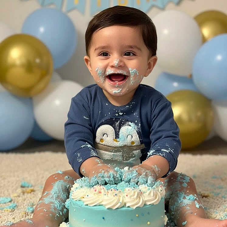 Arjan joined the competition — help win amazing prizes! baby, balloons, birthday, blue_cake, cake, carpet, celebration, child, clothing, cute, face_paint, frosting, happy, indoors, messy, one_year_old, party, penguin_sweater, sitting, smiling