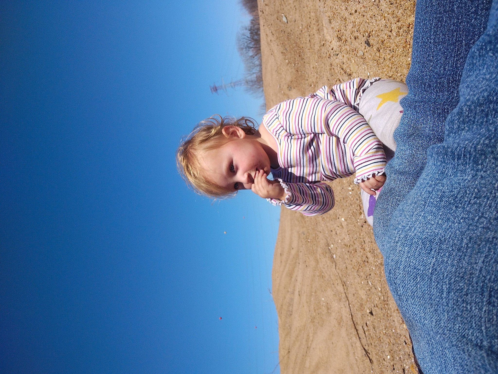 Juniper is registered to the contest to win money with this photo: arm, azure, child, electric_blue, flash_photography, fun, gesture, hand, happy, human_body, landscape, leisure, people_in_nature, person, sand, shadow, sky, toddler, tree, water