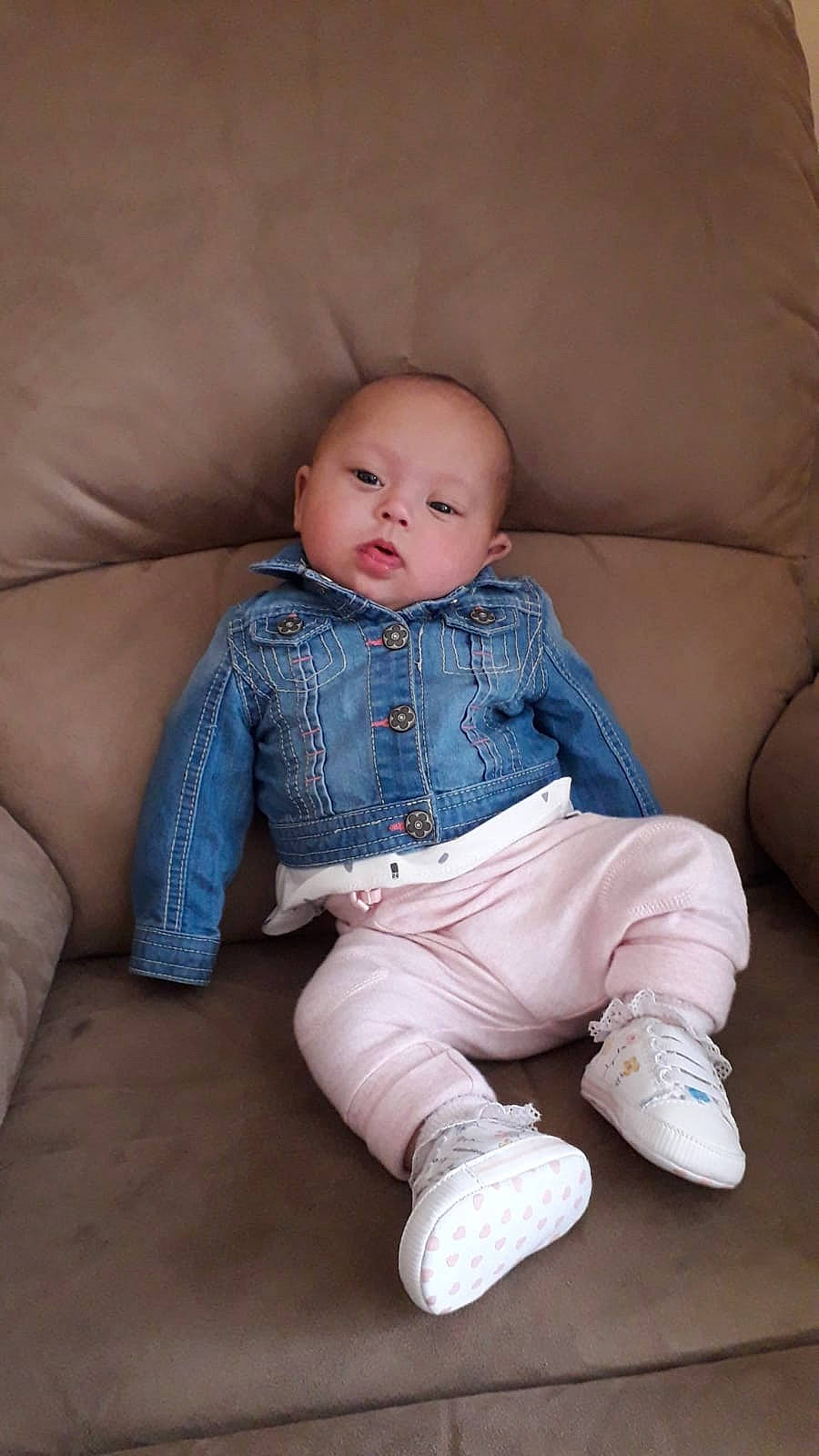 Lexi-mae joined the competition — help win amazing prizes! baby, cheek, child, jeans, person, sitting, skin, toddler