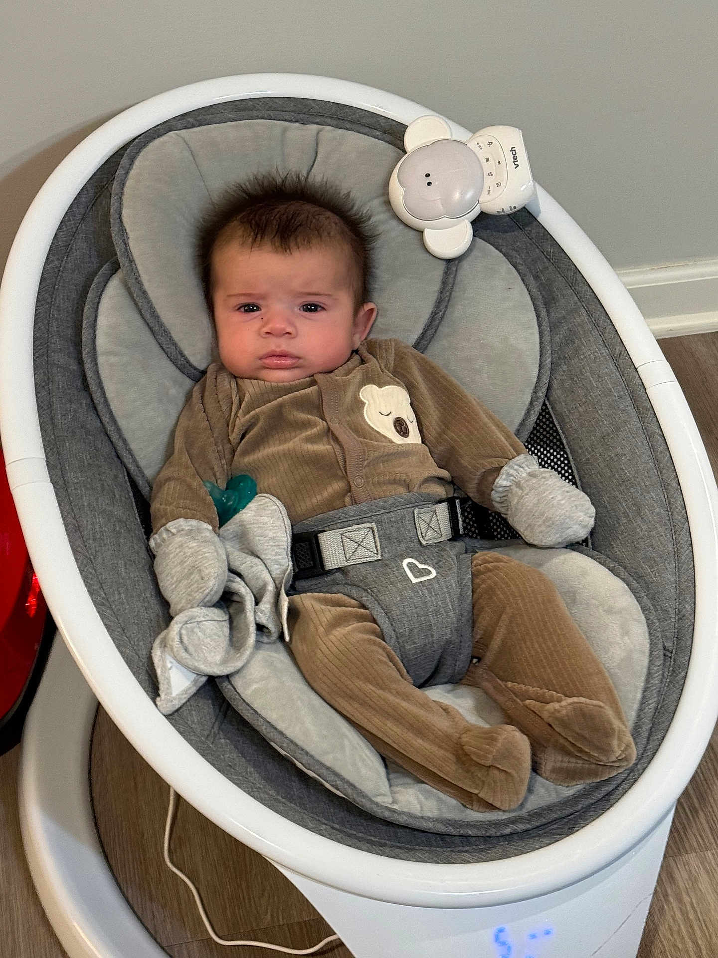 Keam joined the competition — help win amazing prizes! baby, baby_boy, baby_rocker, baby_seat, baby_toy, brown_pajamas, child, clothing, comfort, cute, expression, face, floor, home, indoor, infant, mittens, modern, pacifier, wooden_floor
