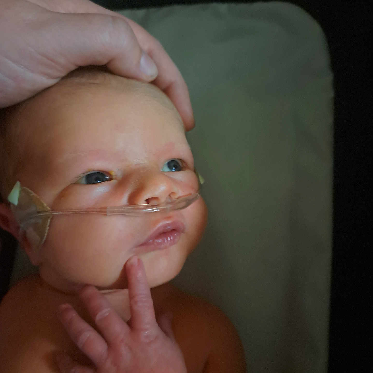 Lucas is registered to the contest to win money with this photo: baby, infant, hand, face, nasal_cannula, oxygen_tube, newborn, skin, person, closeup, portrait, hospital, care, medical, expression, looking_up, adult_hand, tenderness, health, cute