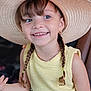 child, girl, smiling, braids, hat, straw_hat, yellow_top, happy, portrait, cute, young, fashion, casual, outdoor, person, eyewear_absent, earrings, closeup, skin, hair