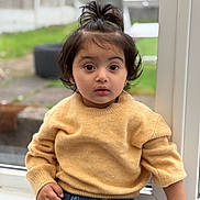 Haya is registered to the contest to win money with this photo: background_blur, casual_clothing, child, curious, cute, denim, expression, hairstyle, heart_pattern, indoors, jeans, long_sleeves, natural_light, portrait, sitting, small_hands, sweater, toddler, window, young_child