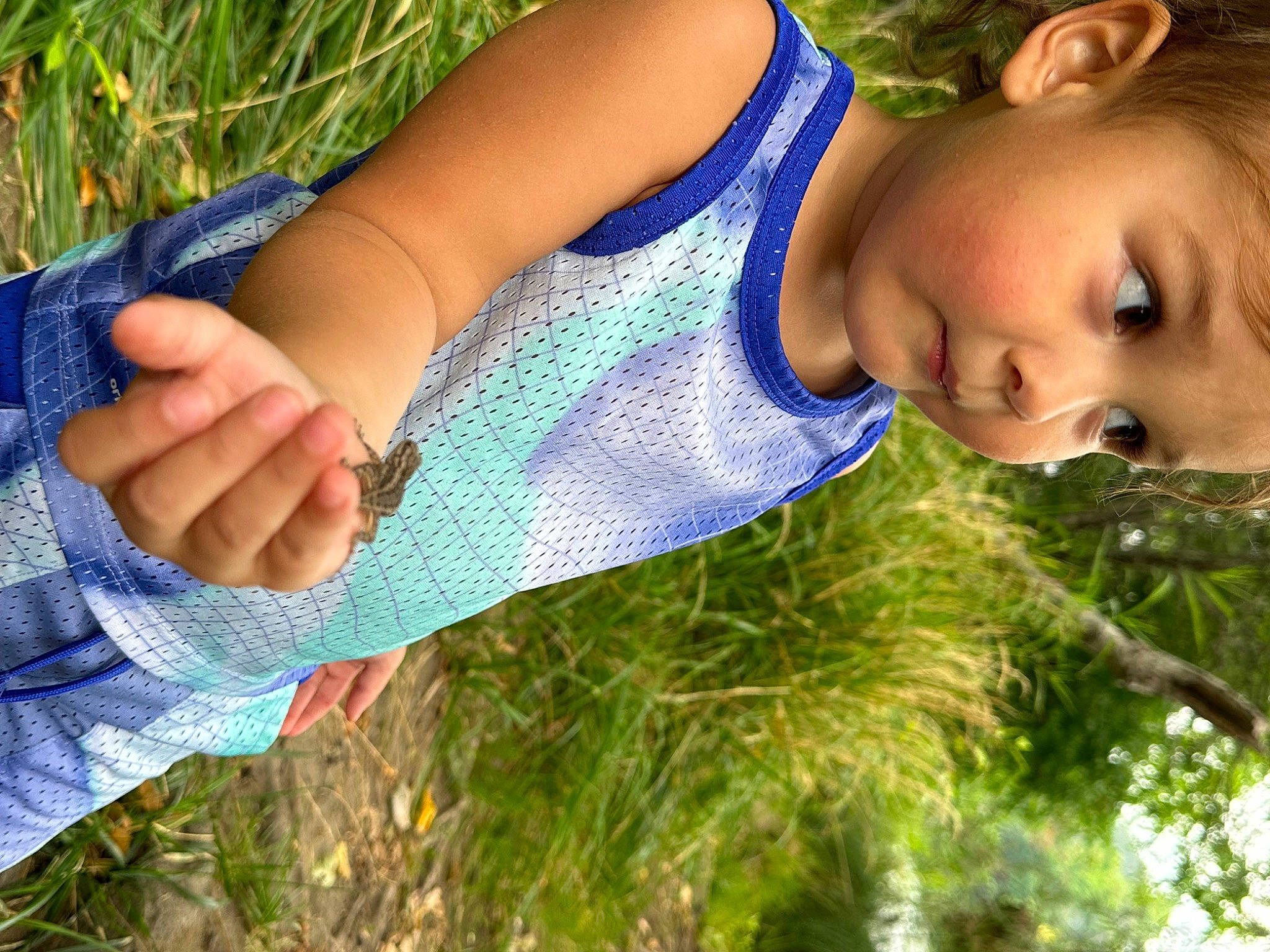 Rowen is registered to the contest to win money with this photo: blue, brown_hair, child, denim, electric_blue, fashion_accessory, gesture, grass, grass_family, grassland, green, happy, human_leg, meadow, pattern, people_in_nature, person, plant, surprise, toddler