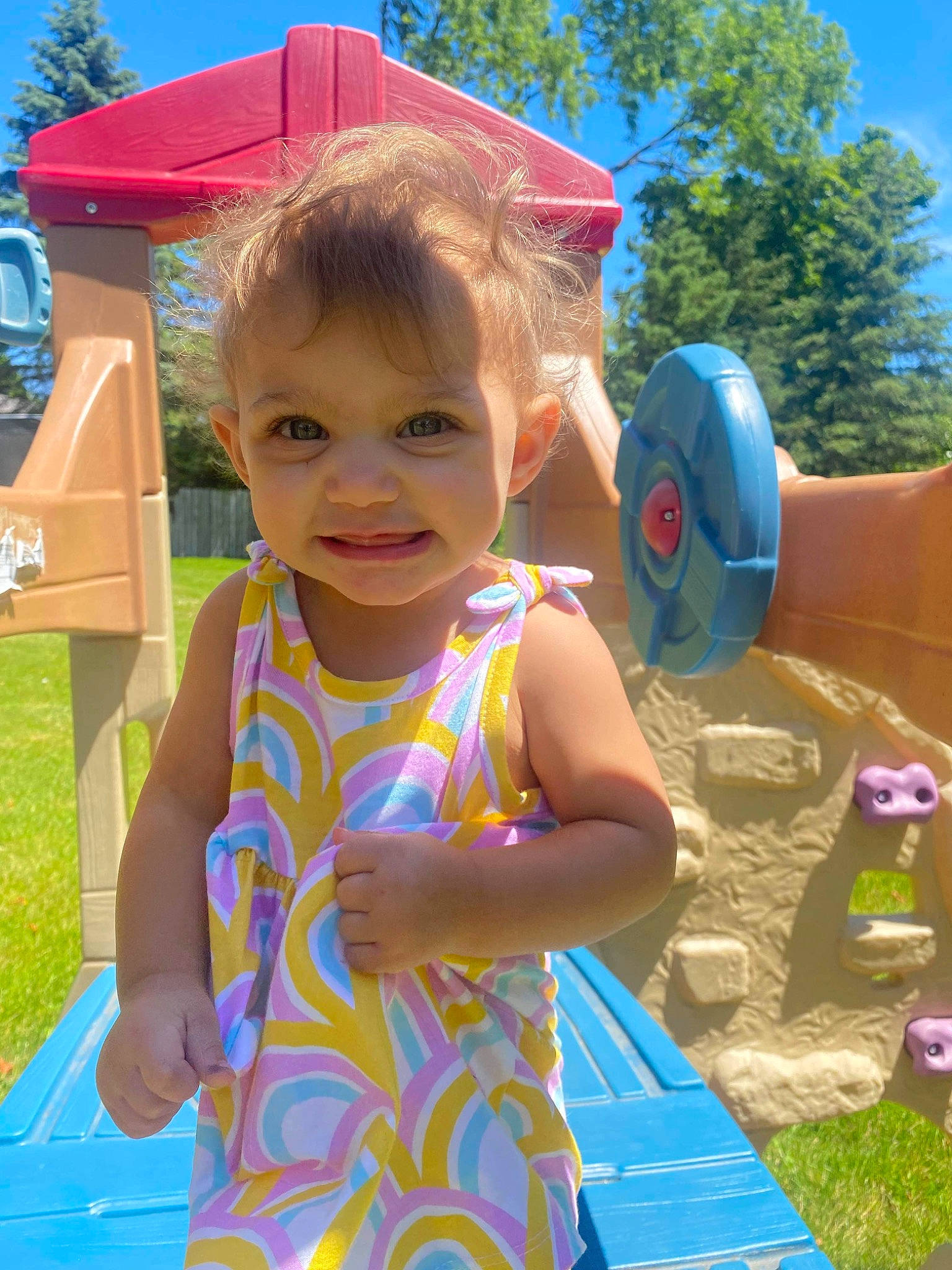 Arielle joined the competition — help win amazing prizes! blue, child, city, fun, grass, green, happy, joy, leaf, leisure, natural_environment, outdoor_play_equipment, person, pink, recreation, sky, smile, summer, sunlight, t_shirt