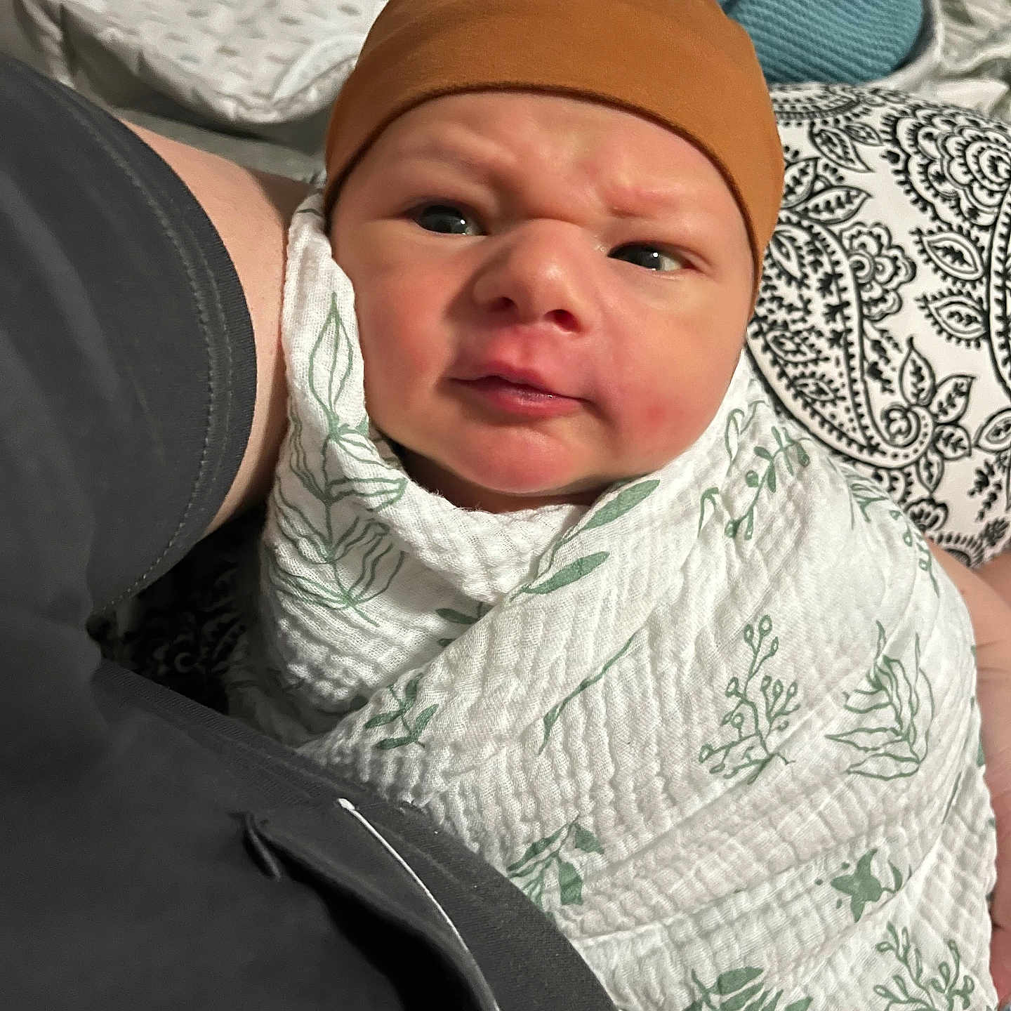 Ajdin joined the competition — help win amazing prizes! baby, infant, child, wrapped, blanket, cap, face, expression, indoor, cushion, pattern, fabric, person, portrait, closeup, holding, soft, cute, newborn, cozy