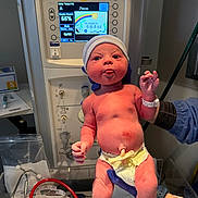 Mia joined the competition — help win amazing prizes! newborn, baby, hospital, medical_equipment, gloves, diaper, hat, umbilical_cord, stethoscope, monitor, person, infant, healthcare, hand, tongue, skin, measurement_tape, bed, clinic, cute