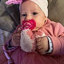 Odessa participe au concours pour gagner de l'argent avec cette photo : adorable, baby, baby_girl, candid, child, closeup, cute, face, hand, headband, indoor, infant, pacifier, pink_clothing, plush_toy, portrait, resting, sleepwear, soft_texture, toddler