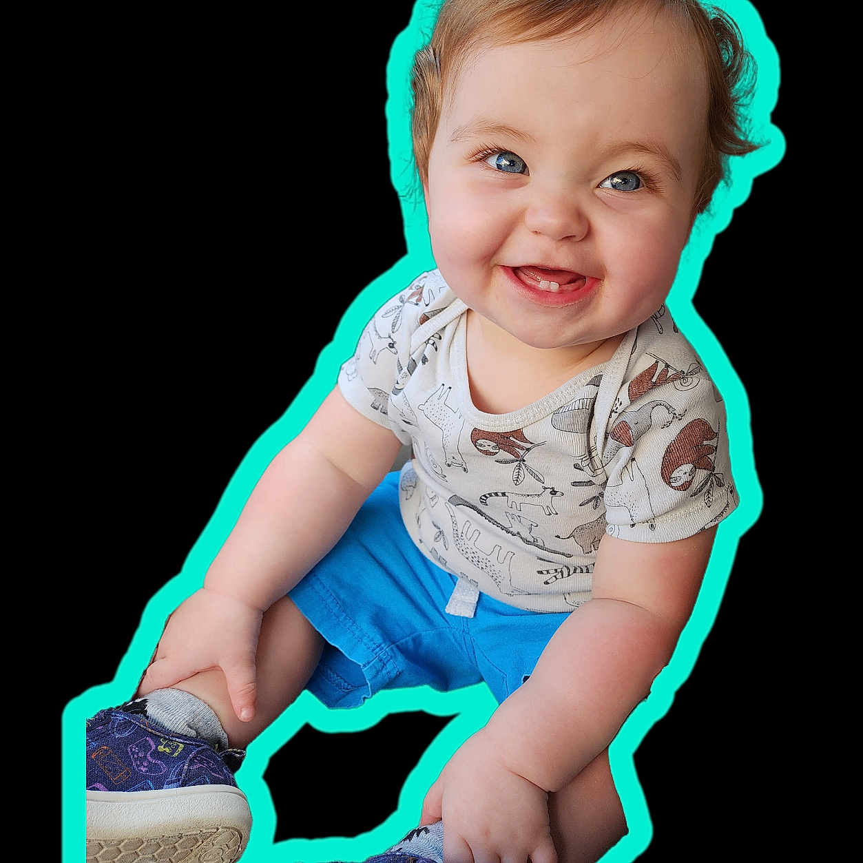 Sophie is registered to the contest to win money with this photo: baby, bathroom, bodypart, clothing, face, finger, footwear, hand, happy, head, indoors, person, photography, portrait, room, shoe, sitting, smile, sneaker, toilet