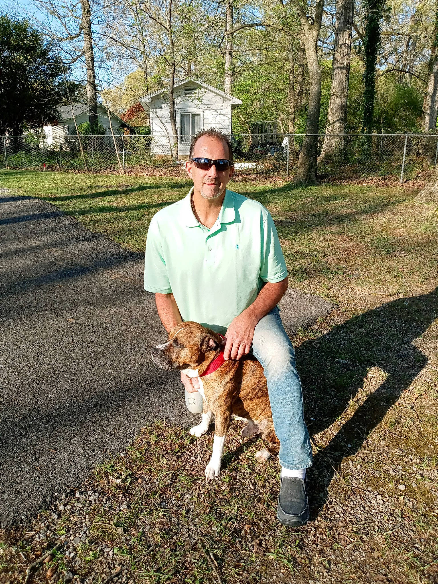 Joe Joe joined the competition — help win amazing prizes! carnivore, companion_dog, dog, dog_breed, eyewear, fawn, goggles, grass, hat, knee, leash, leg, plant, shoe, sky, smile, sneakers, sunglasses, t_shirt, tree