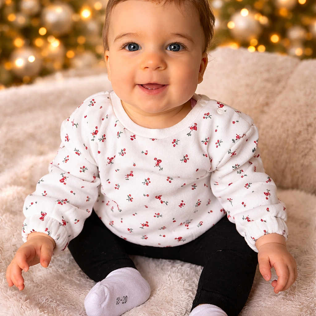 Ambre a rejoint le concours — aidez-le/la à gagner de superbes lots ! baby, black_pants, blanket, blue_eyes, child, christmas_tree, cozy, cute, festive, floral_clothing, happy, holiday_lights, indoors, infant, portrait, sitting, smiling, soft_texture, warm_lighting, white_socks